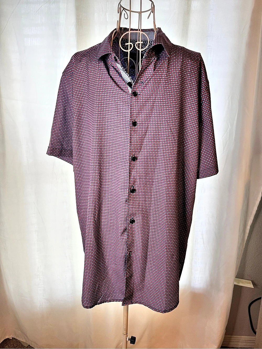 ALPHA & STEELE Geometric Short Sleeve Shirt in Blue & Red Size Large Likë́